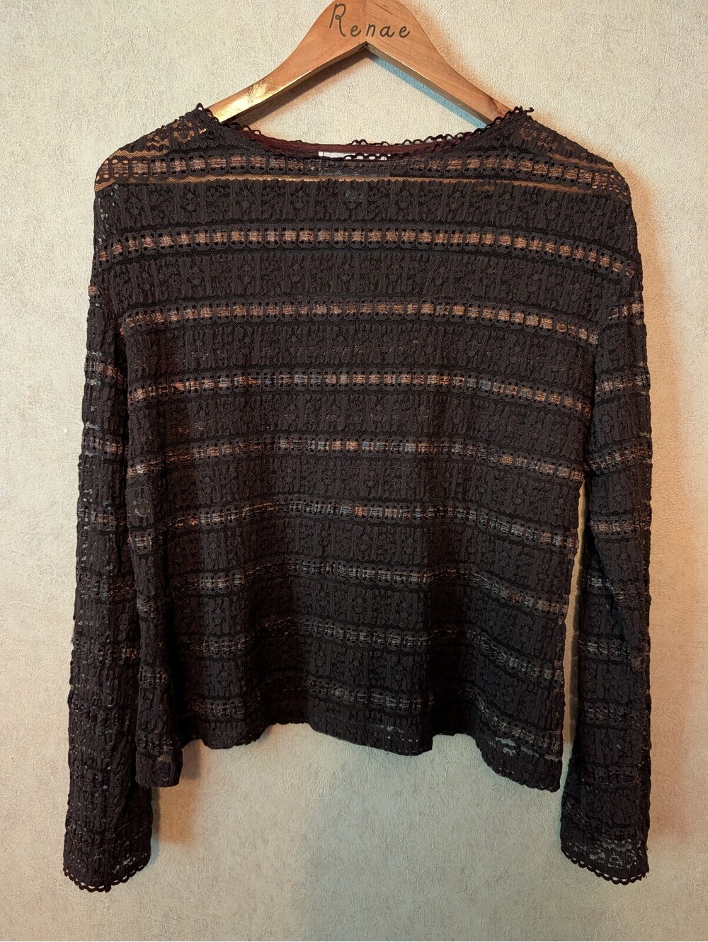 ANN FERRIDAY vintage brown lace long sleeve tee